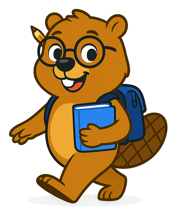 Bear student mascot using a tablet for CELPIP preparation