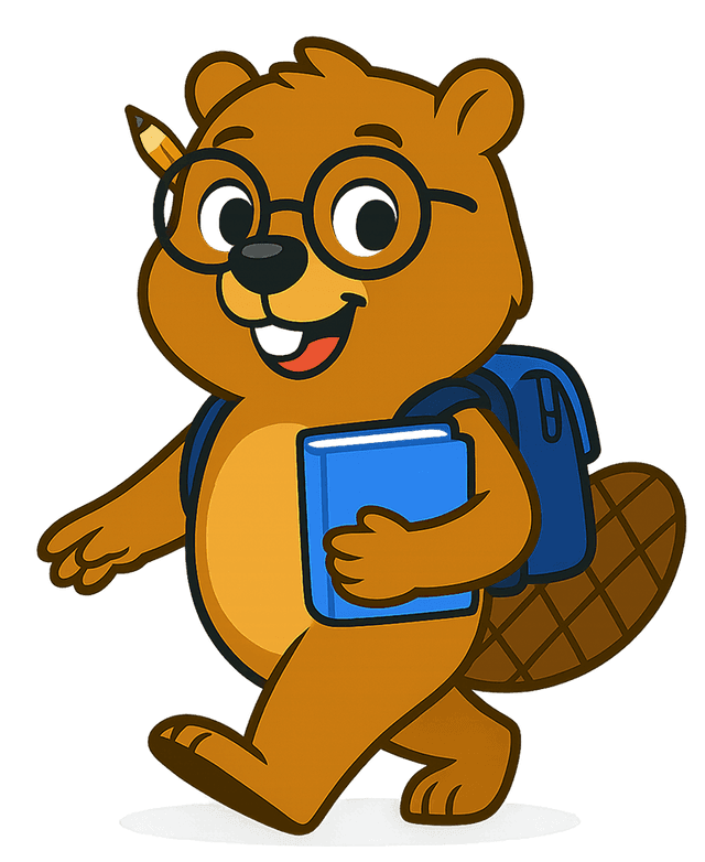 Bear student mascot using a tablet for CELPIP preparation