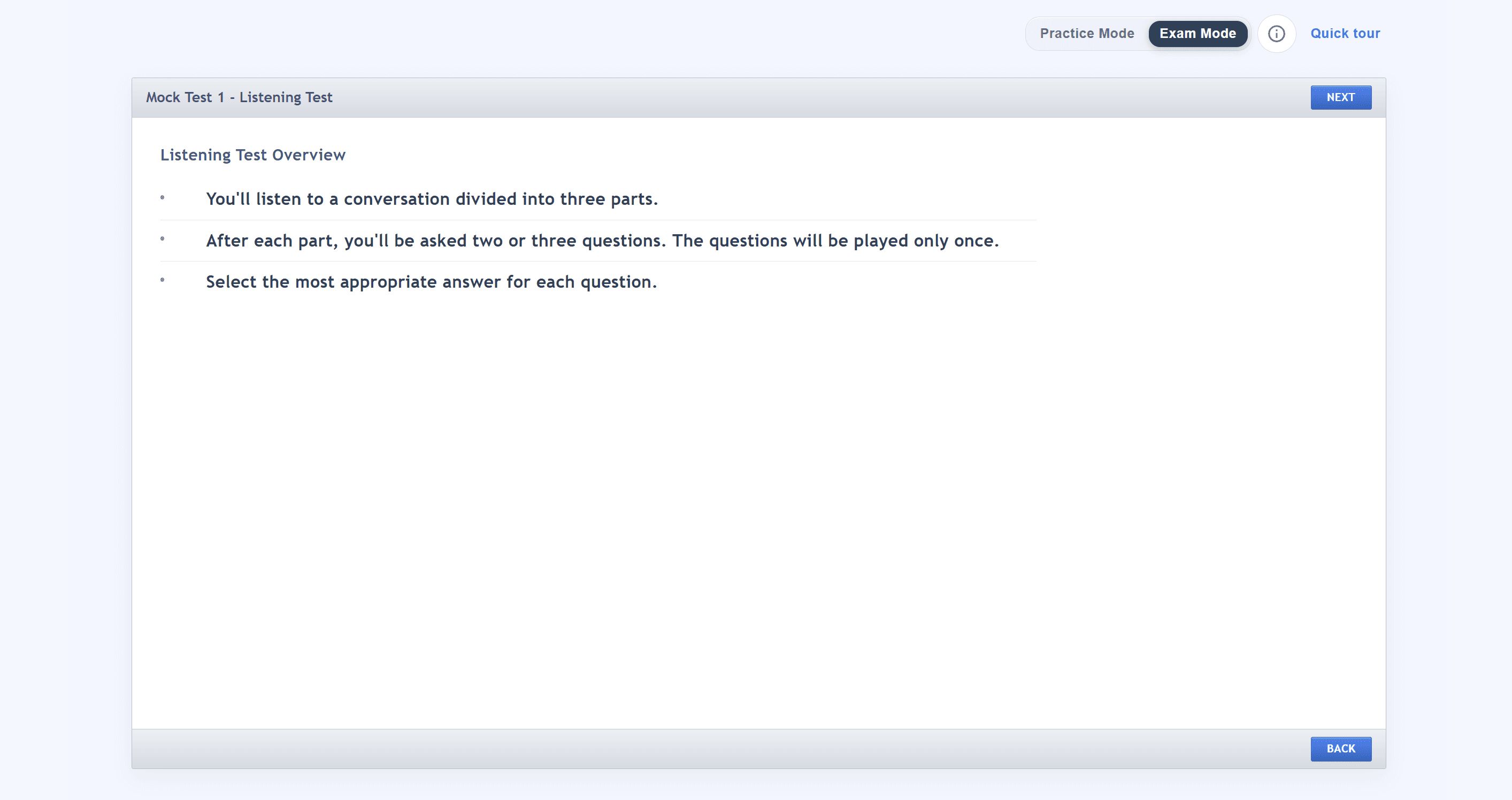 CELPIP mock exam interface showing Practice Mode and Exam Mode toggle with Listening Test overview instructions