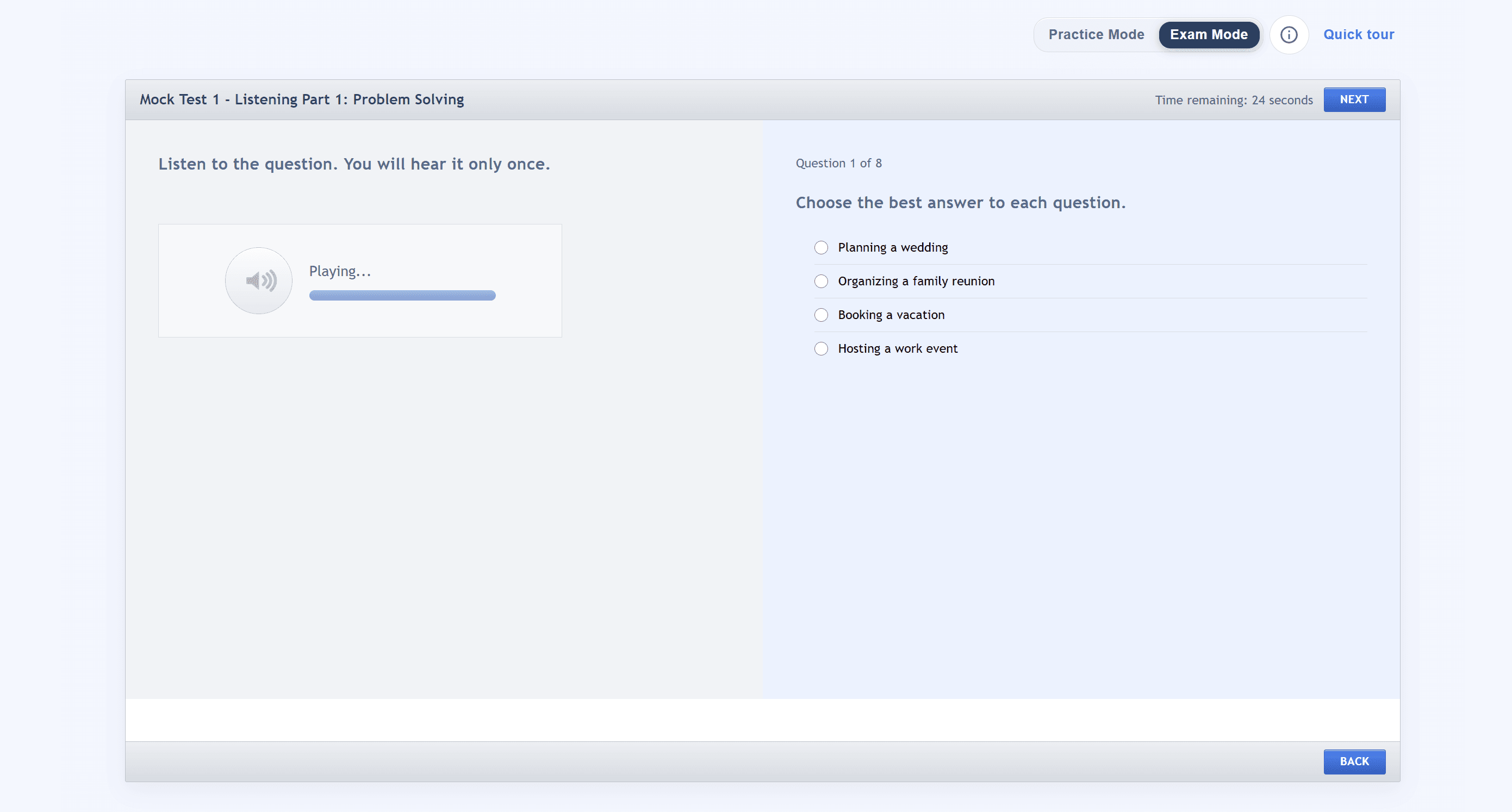 CELPIP mock listening test in Exam Mode with timer, audio playing once, and multiple-choice questions